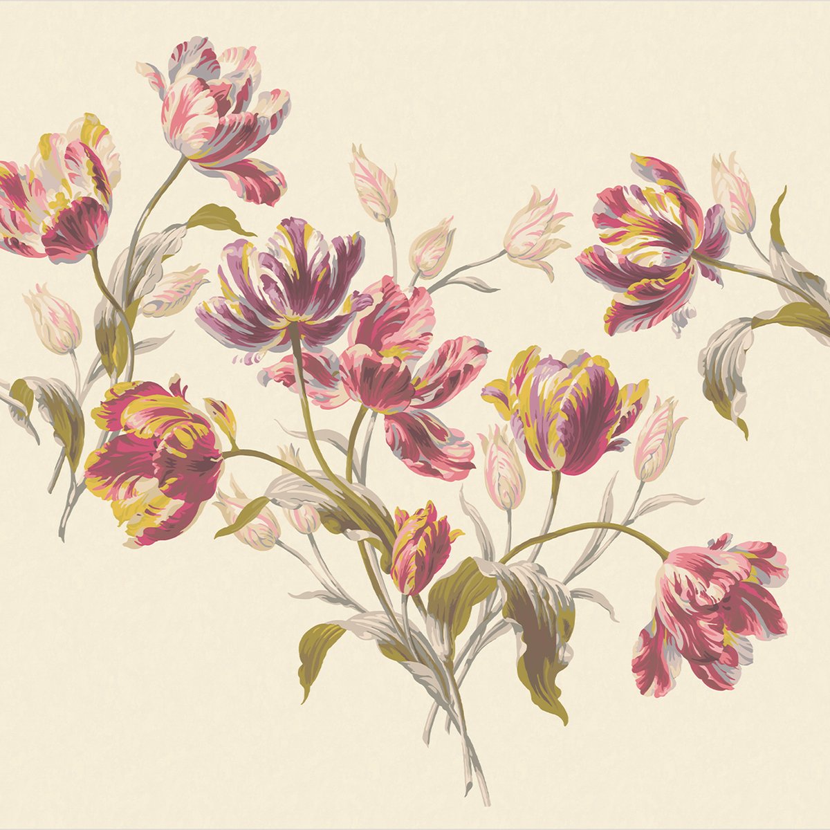 Papier peint panoramique fleuri Tulipes Gosford pourpre, rose, ocre, LAURA ASHLEY