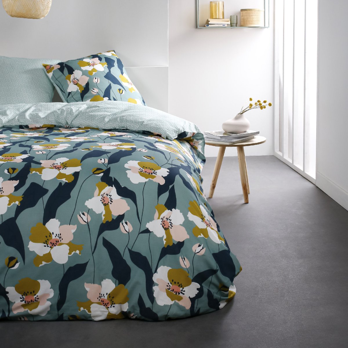 Parure de lit coton 2 personnes imprimé floral SUNSHINE bleu, TODAY