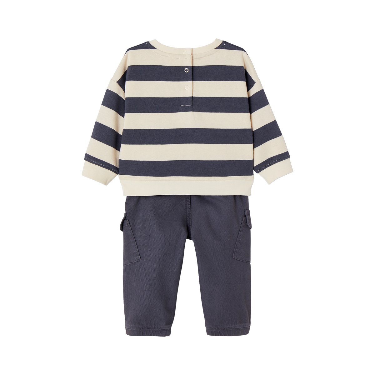 Ensemble sweat rayé + pantalon battle bébé DENIM FABRIC bleu ardoise, VERTBAUDET