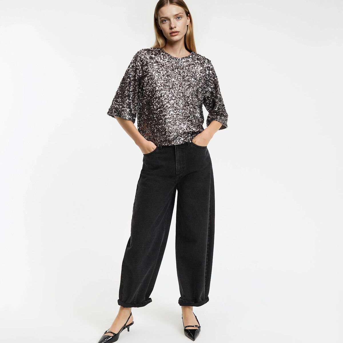 Short Sleeve Sequin Top silver grey, LA REDOUTE COLLECTIONS