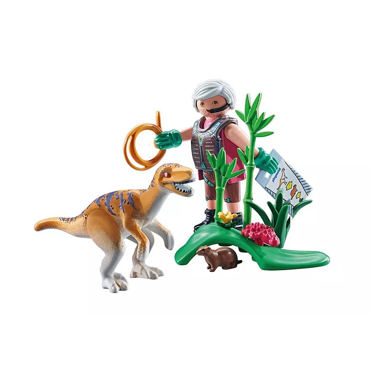 Vélociraptor, explorateur avec lasso et marmotte multicolore, PLAYMOBIL