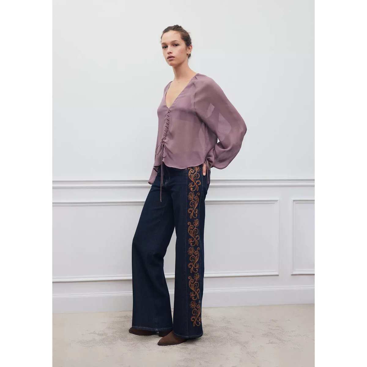 Jean droit brodé bleu, MANGO TEEN