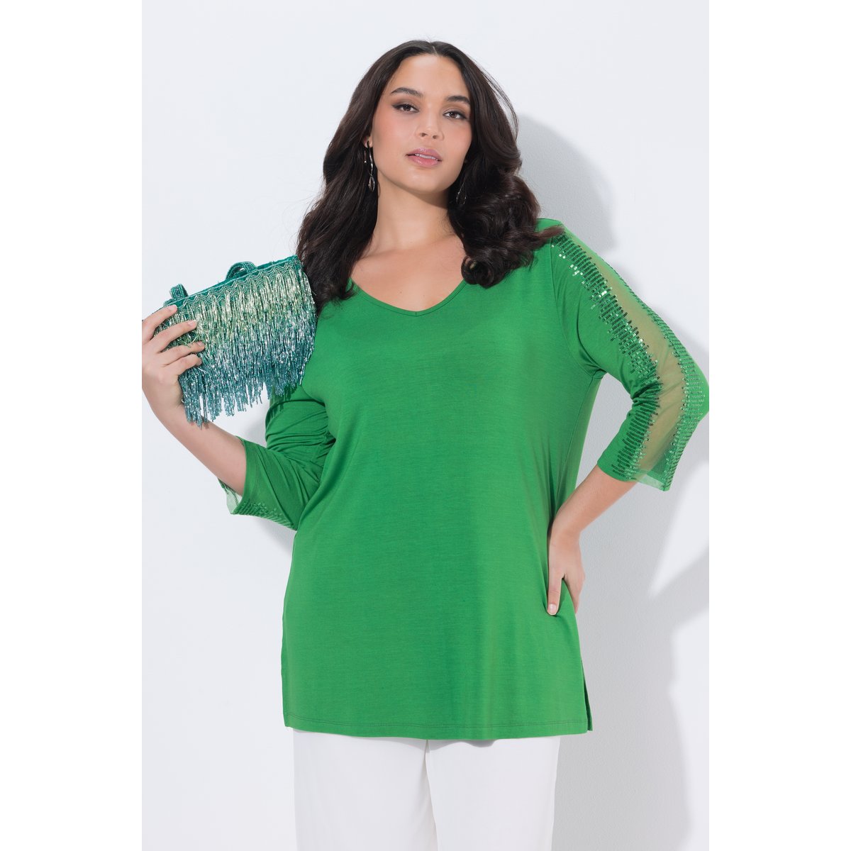 T-shirt décolleté en V et manches 3/4 vert, ULLA POPKEN