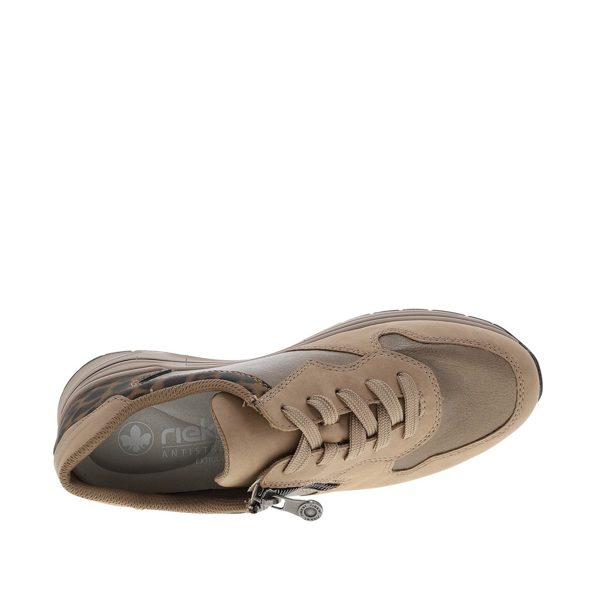 Baskets running beiges à talon compensé bas avec des lacets et un zip latéral beige, RIEKER