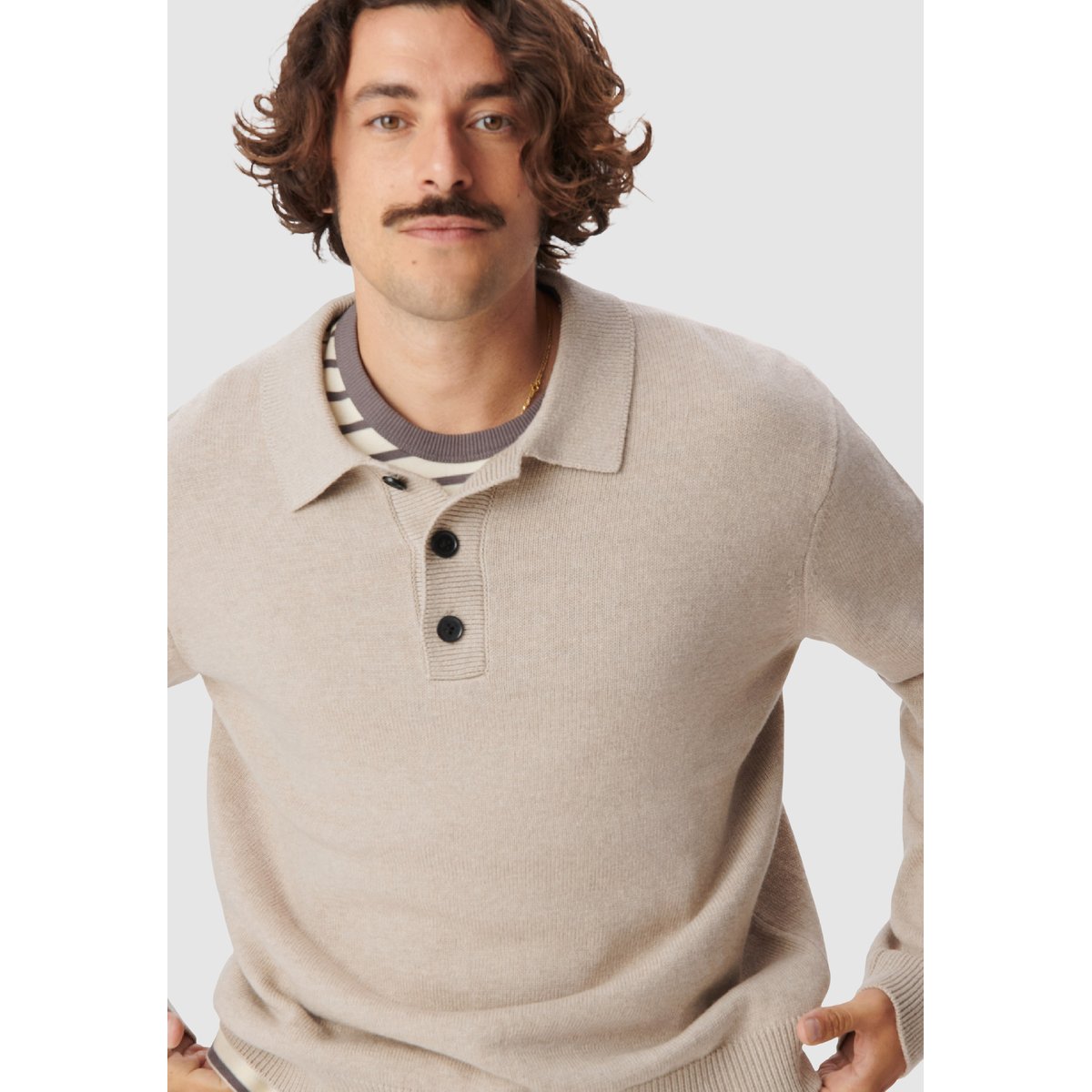 Pull col polo tricot beige, IKKS
