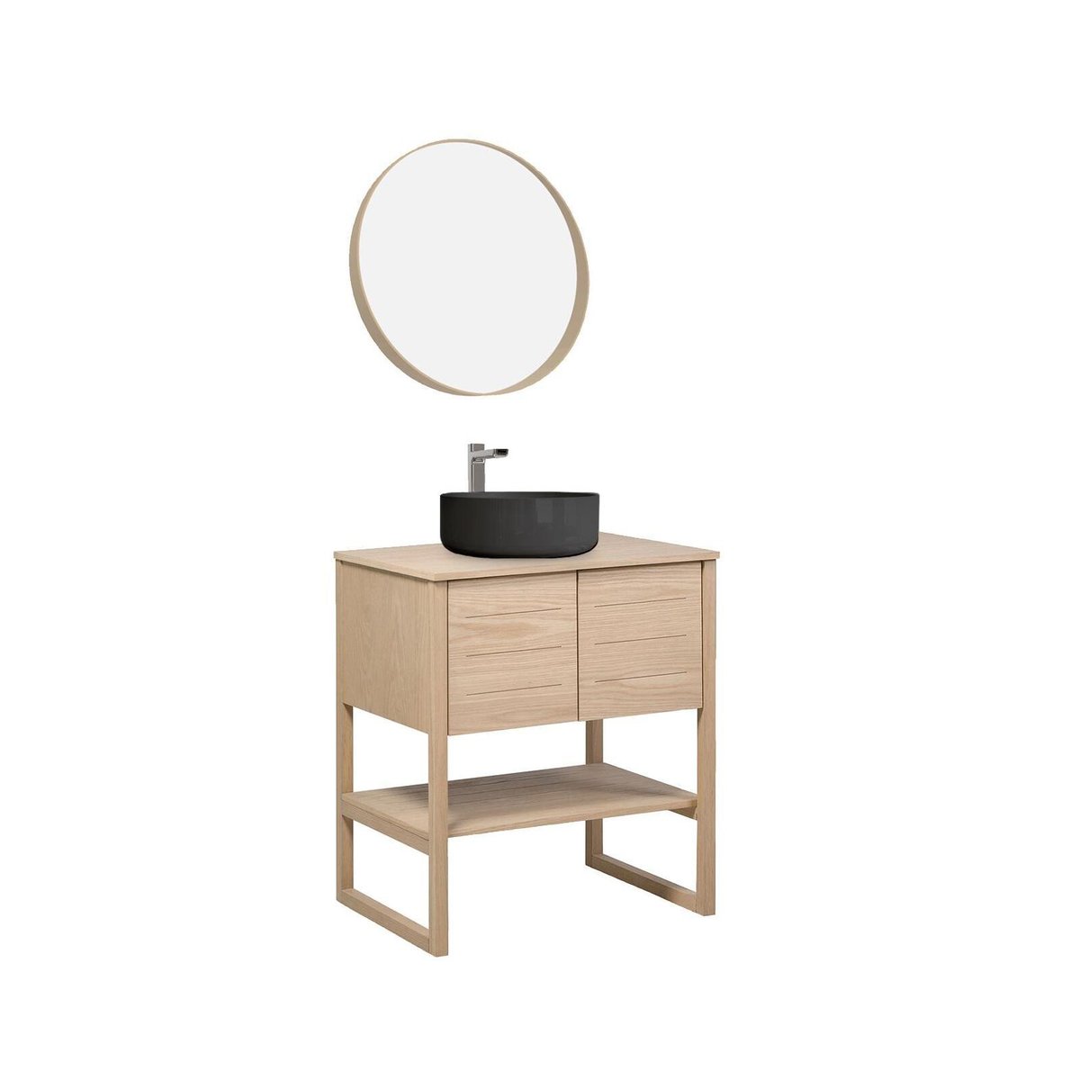 Meuble 70cm chêne vasque ronde noire robinet miroir ATOLL couleur unique, MOB IN