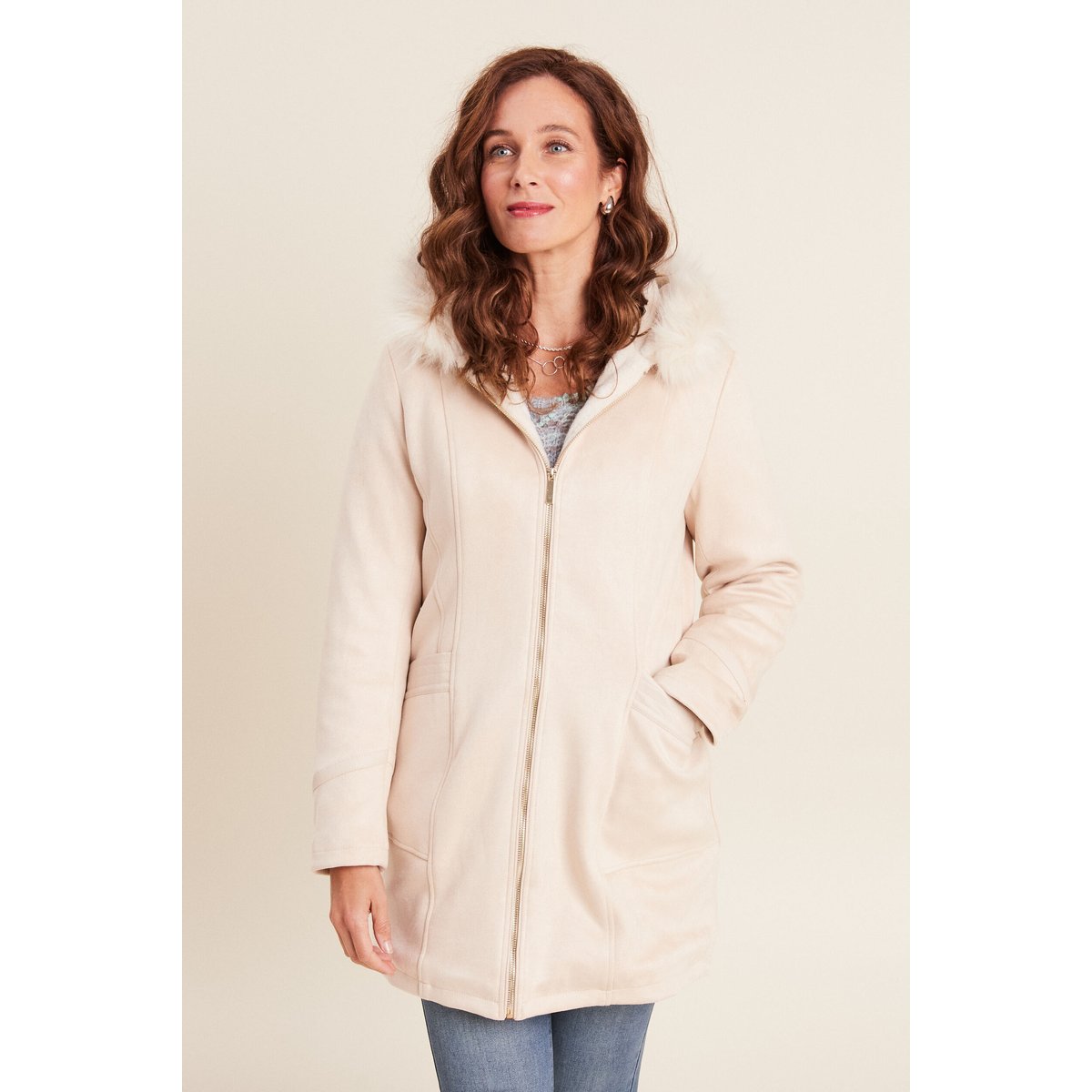 Manteau suédine à capuche creme, BREAL