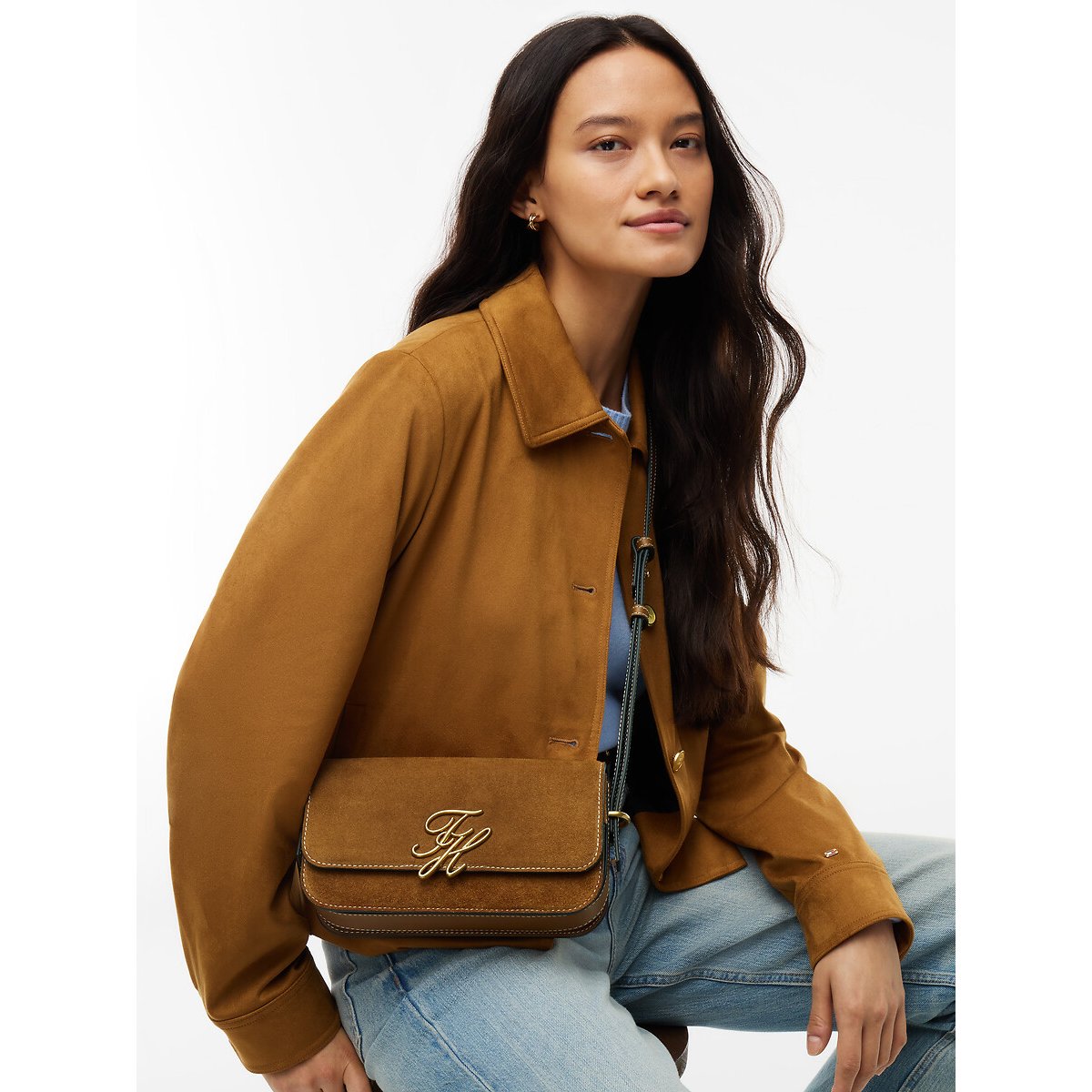 Sac à main en cuir suédé cognac, TOMMY HILFIGER