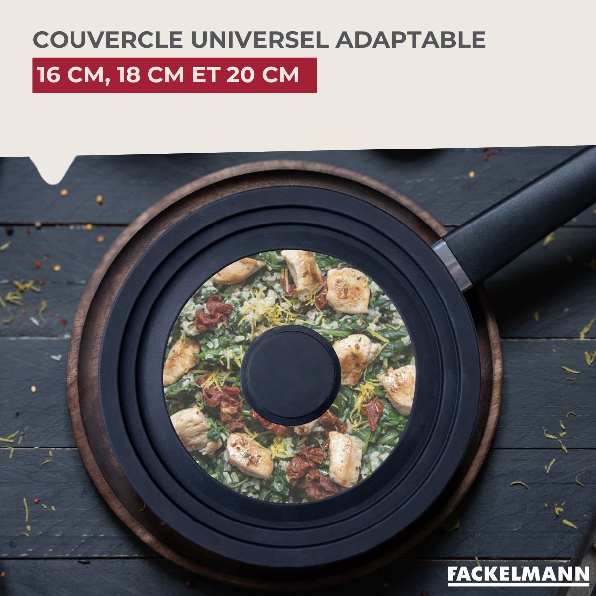 Couvercle adaptable de 16 à 20 cm en verre et silicone noir,transparent, FACKELMANN