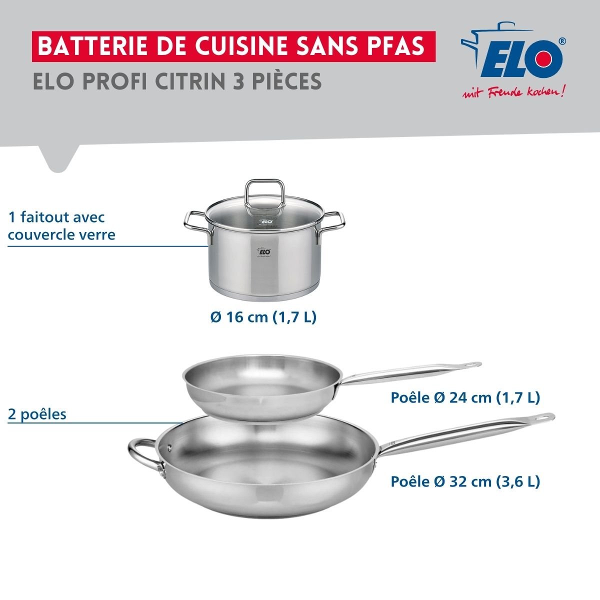 Batterie 2 poêles 24/32cm + 1 faitout 16cm PROFI CITRIN gris, ELO