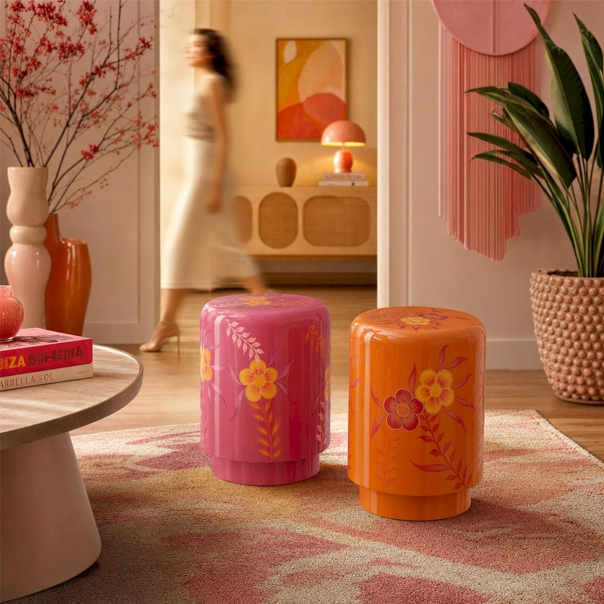 Tabouret fleuri en métal, Lot de 2 rose et orange, RECOLLECTION