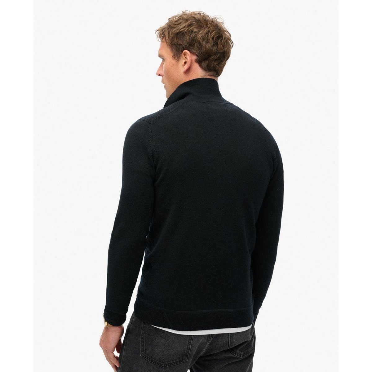 Pull Polo à Manches Longues en Laine Mérinos noir, SUPERDRY