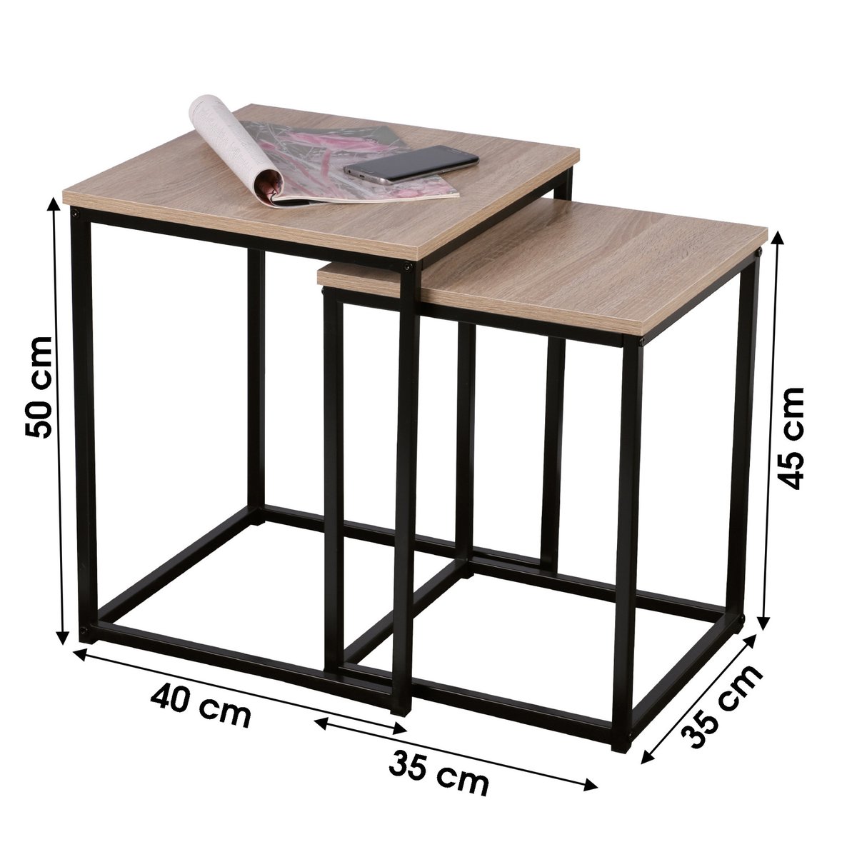 Set de 2 Tables d'Appoint Gigognes en Bois et Métal Noir - 40x40x50cm noir, WADIGA