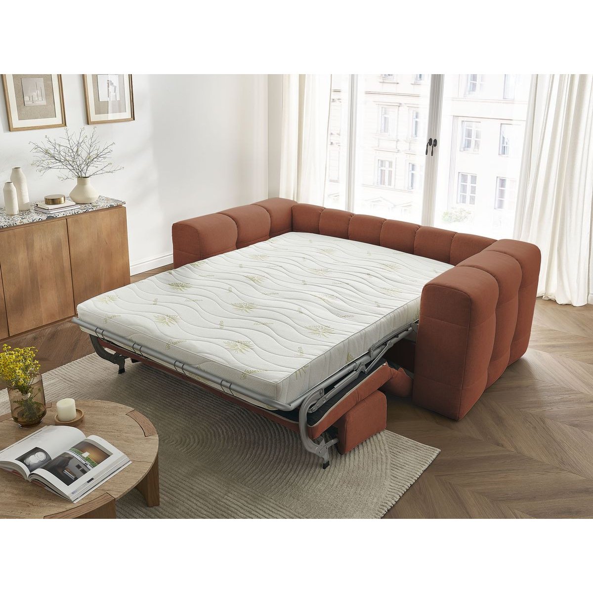 Canapé lit 4 places en tissu lisse, CLOUD orange, BOBOCHIC