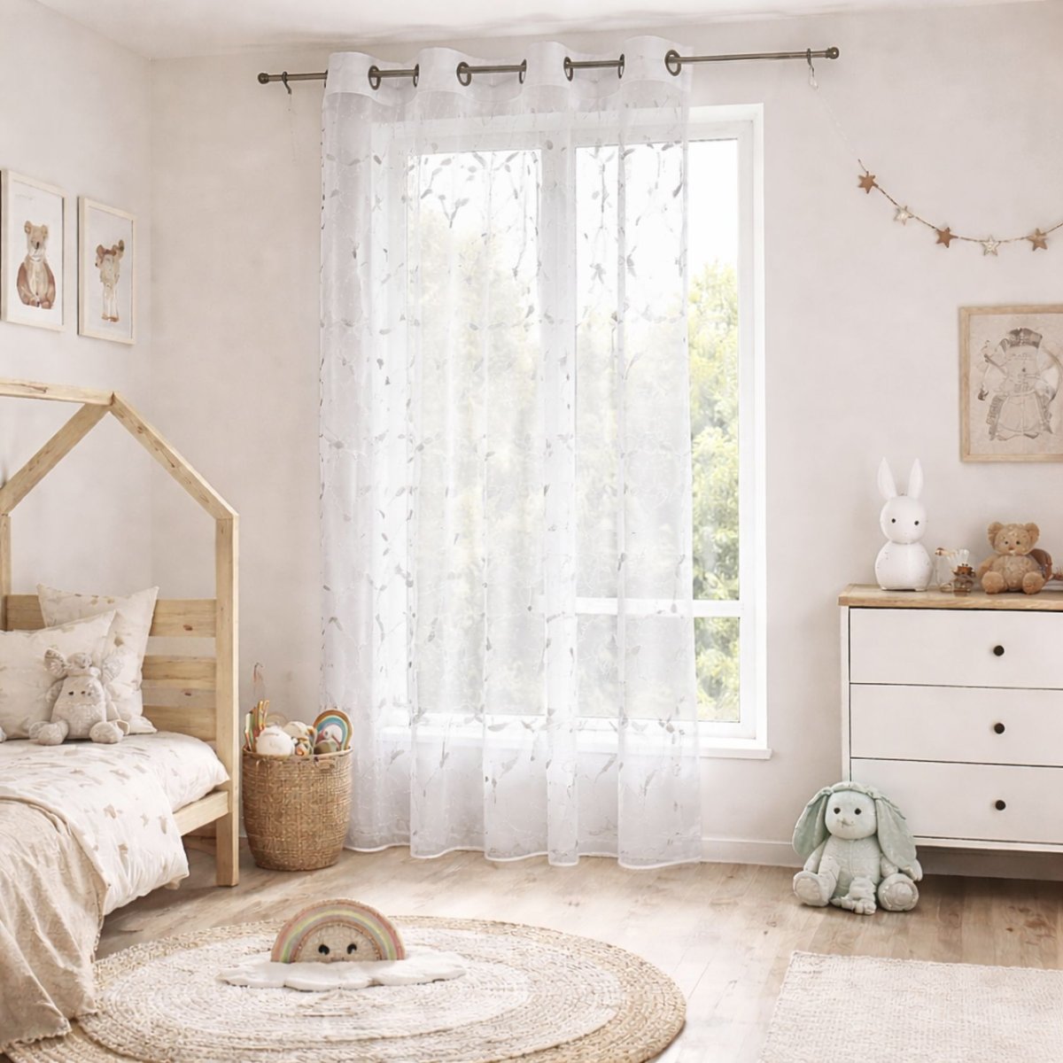 Voilage enfant motifs feuilles volantes gris clair, HOME MAISON