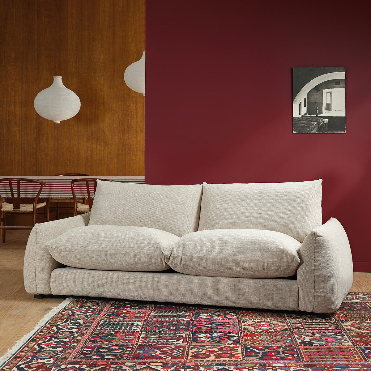 Canapé droit 3 places en tissu texturé JACQUES beige chiné, BERAH GETAH