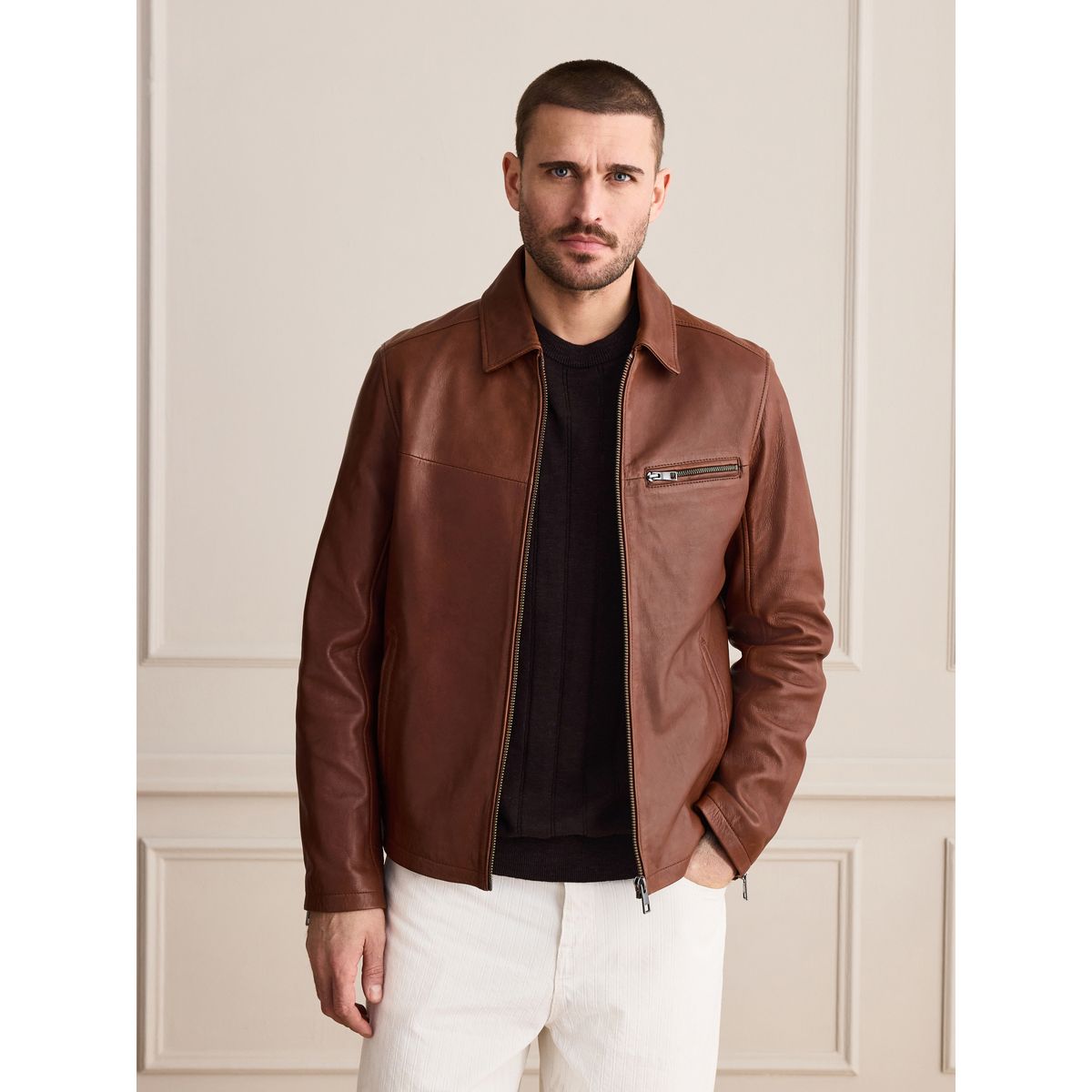 Veste en cuir zippée marron, NEXT