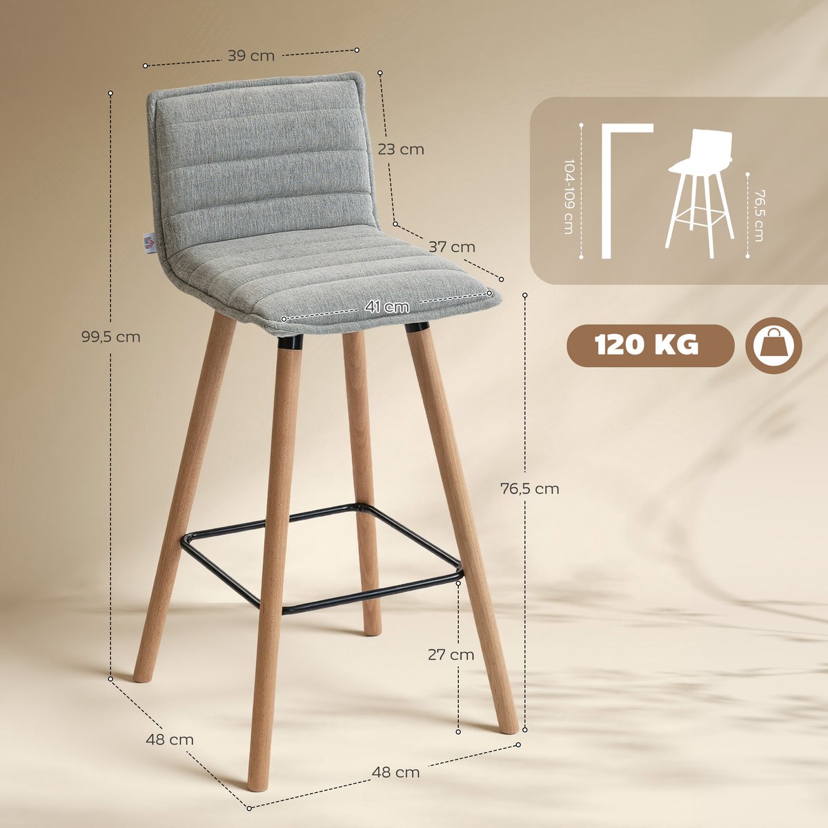 Tabouret de bar Polyester Gris gris clair, HOMCOM