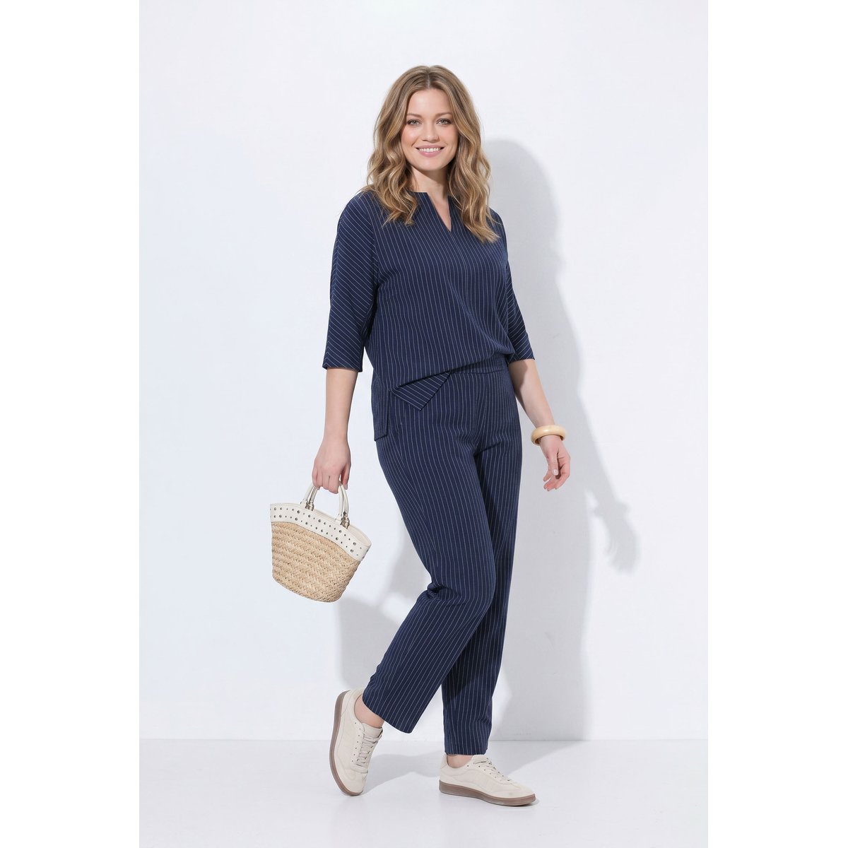 Pantalon Rose en molleton, fines rayures marine, ULLA POPKEN