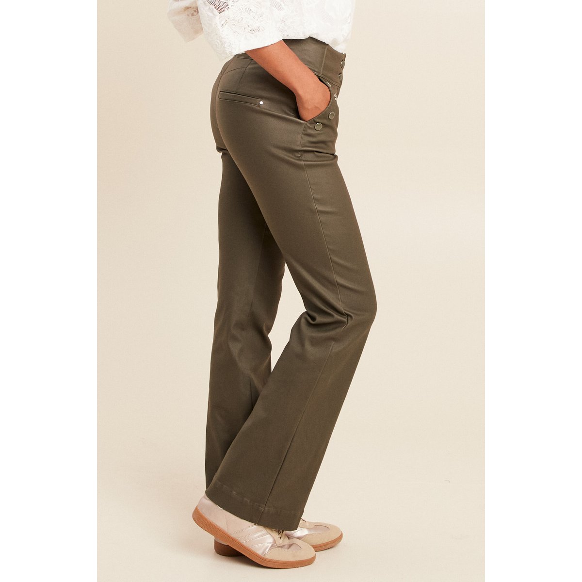 Pantalon bootcut enduit taille haute vert kaki, BREAL