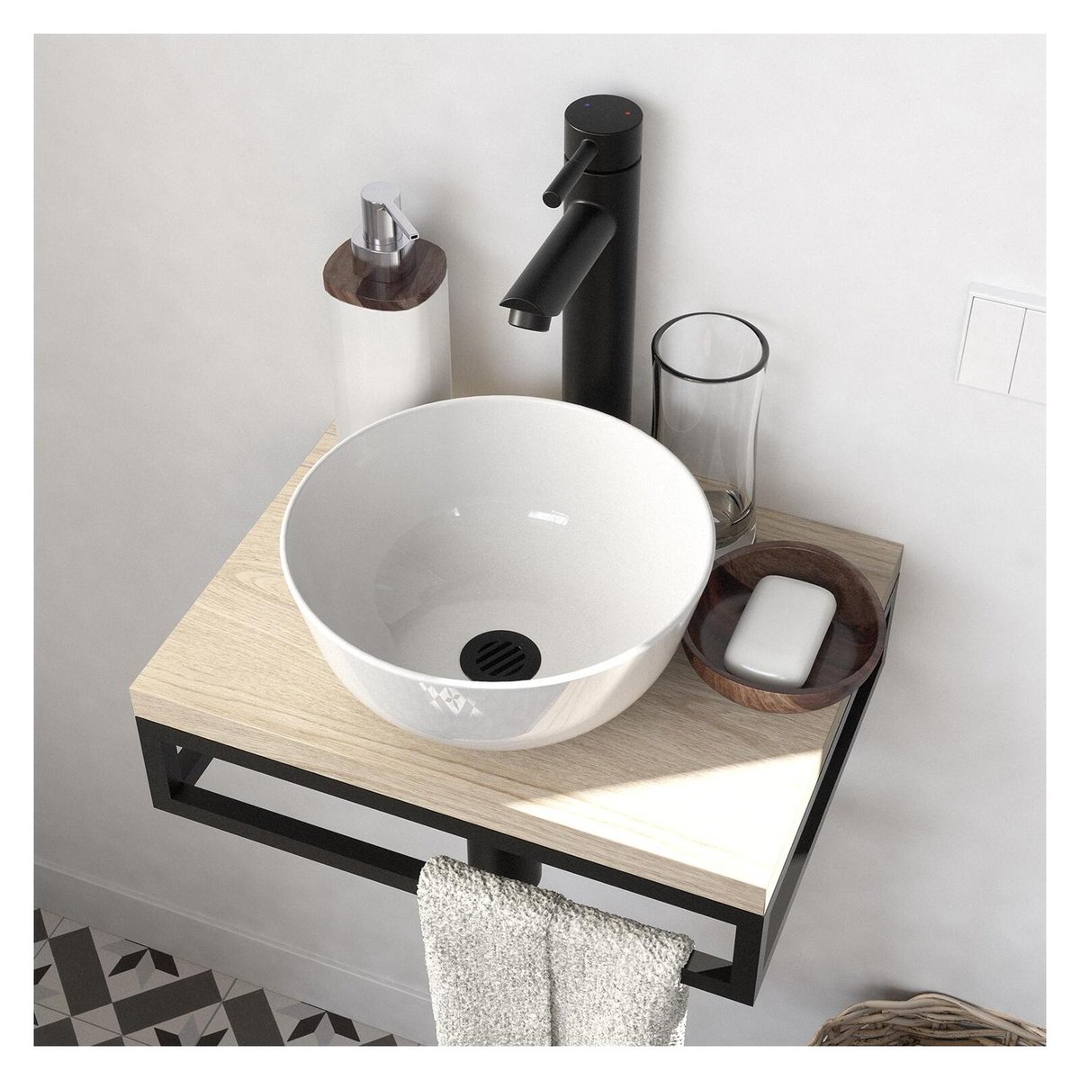 Lave-mains fin +vasque+robinet+miroir SOHO décor chêne, MOB IN