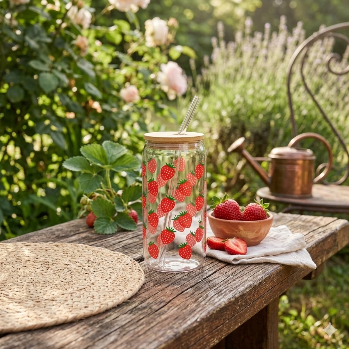 Gourde avec couvercle et paille en verre Fraises rouge, EDEN