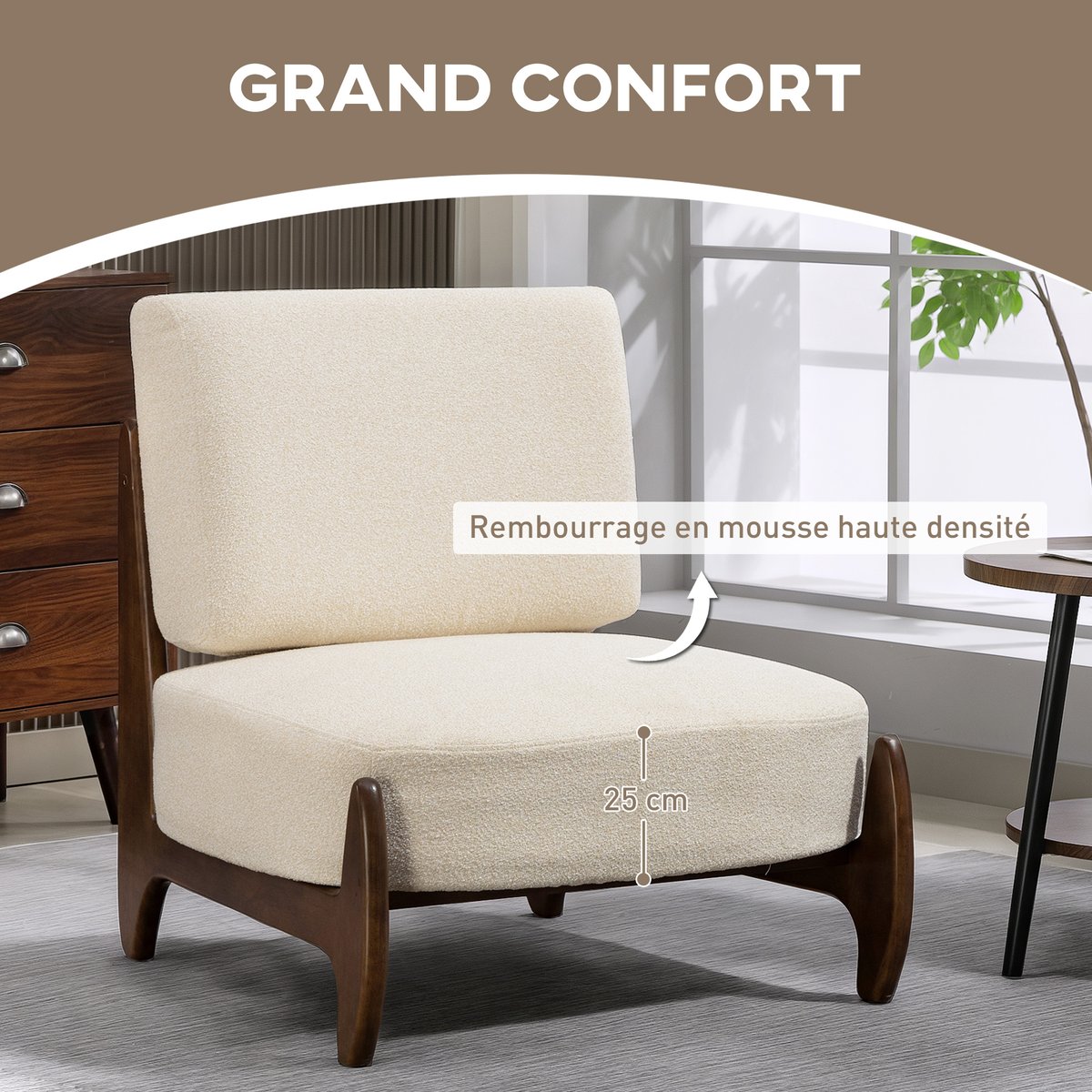 Accent Chair Chenille (100% polyester) Crème crème, bois clair, HOMCOM