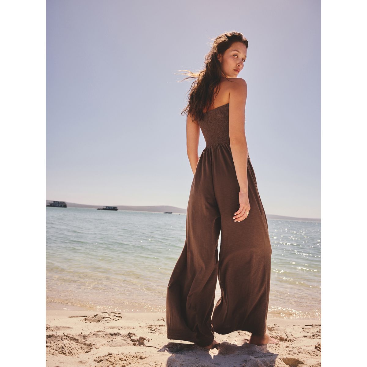 Combi-pantalon bandeau large en jersey marron chocolat brodé, NEXT