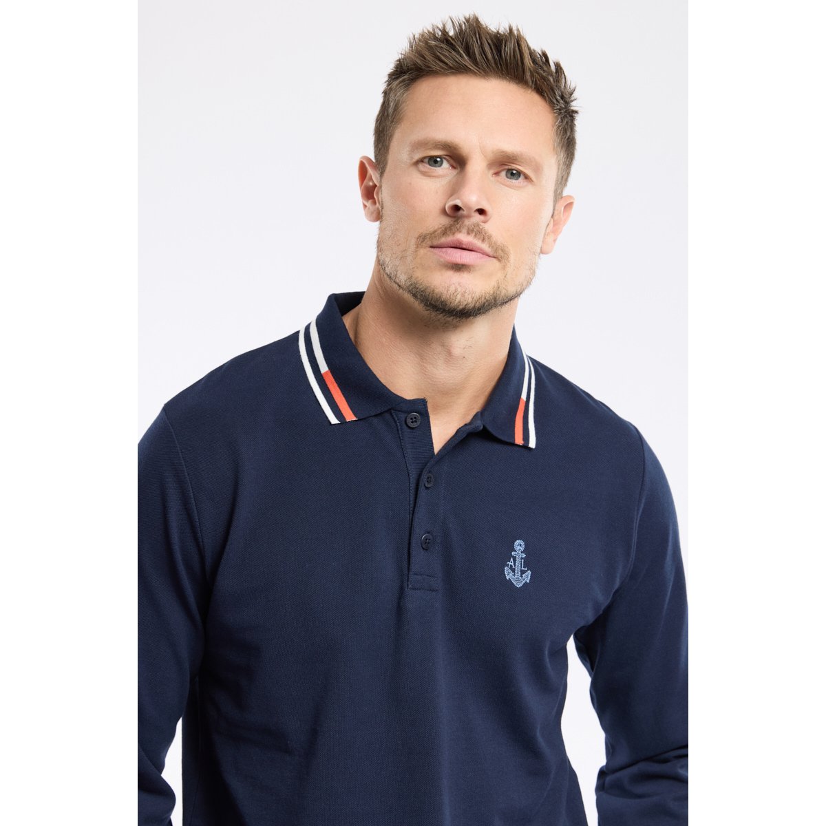 Polo manches longues en coton marine deep, ARMOR-LUX