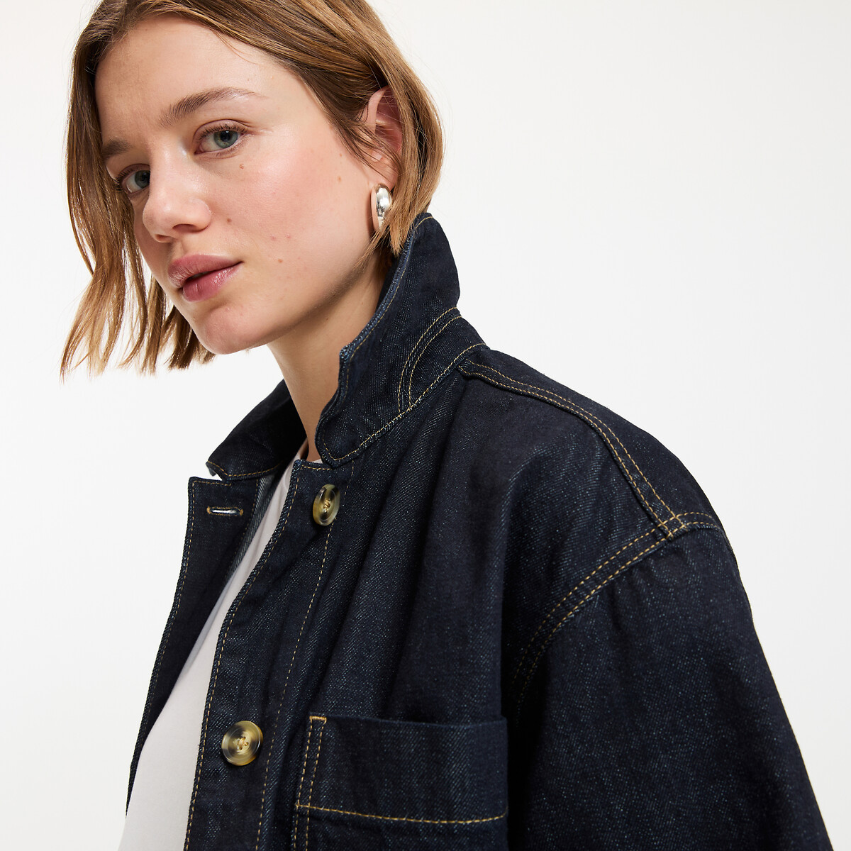 Veste style worker longue, coupe droite en denim bleu brut, LA REDOUTE COLLECTIONS