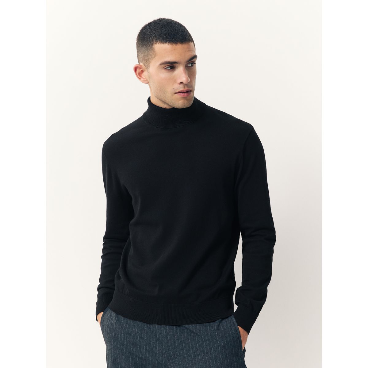 Pull col roulé regular en coton majoritaire noir, NEXT