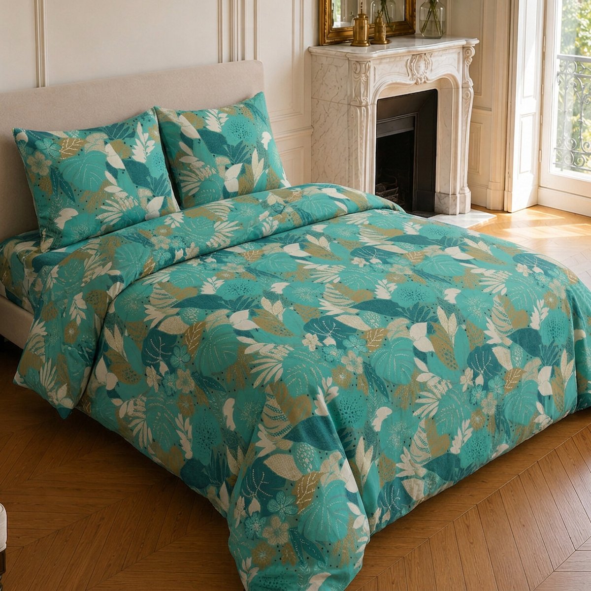 Parure de lit en microfibre motif tropical, IVY vert sauge, C DESIGN HOME TEXTILE