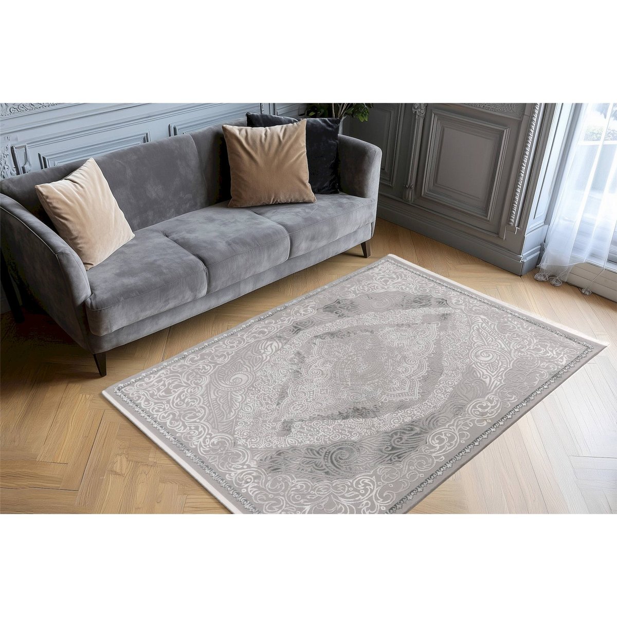 Tapis rectangulaire à motifs orientaux argent clair à motifs blancs, ARTE ESPINA