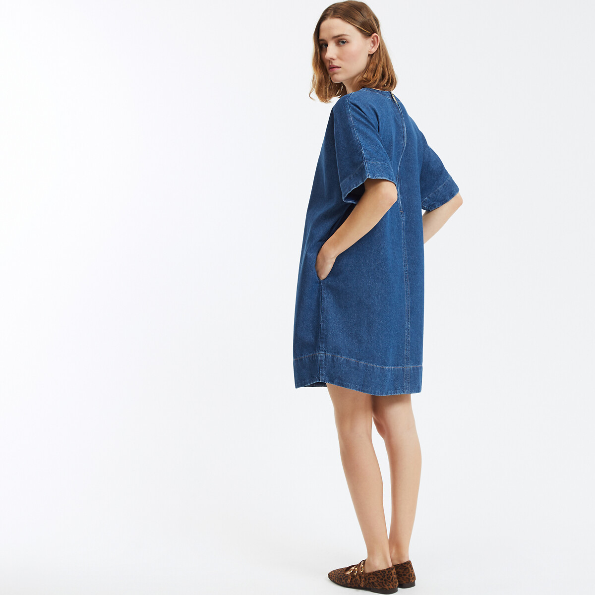 Flared Denim Dress with Short Sleeves untreated blue, LA REDOUTE COLLECTIONS