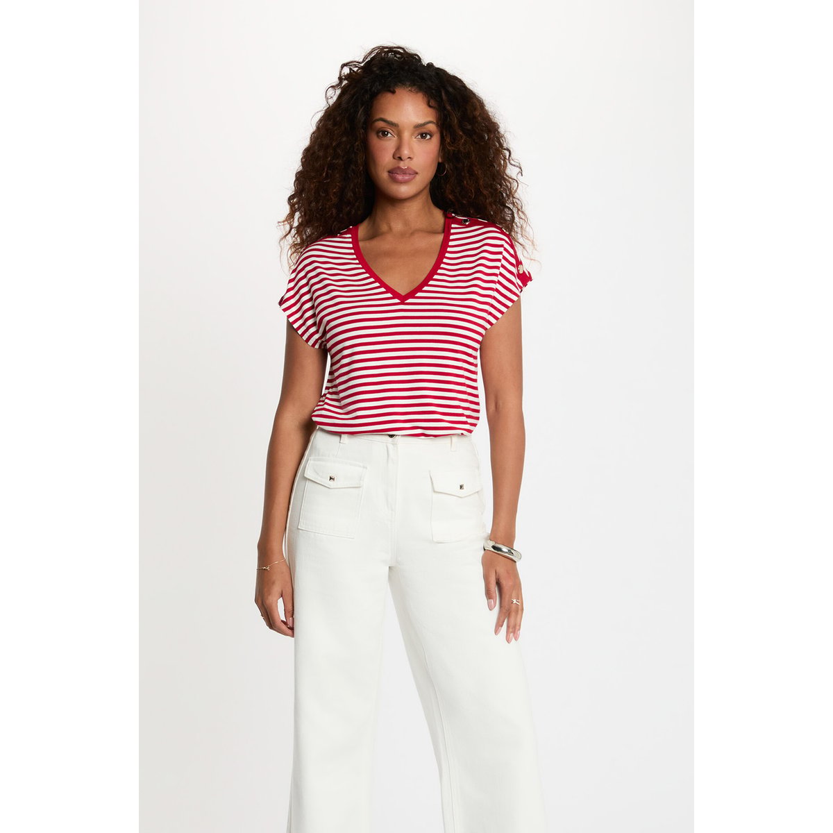 T-shirt rayé col v blanc, MORGAN