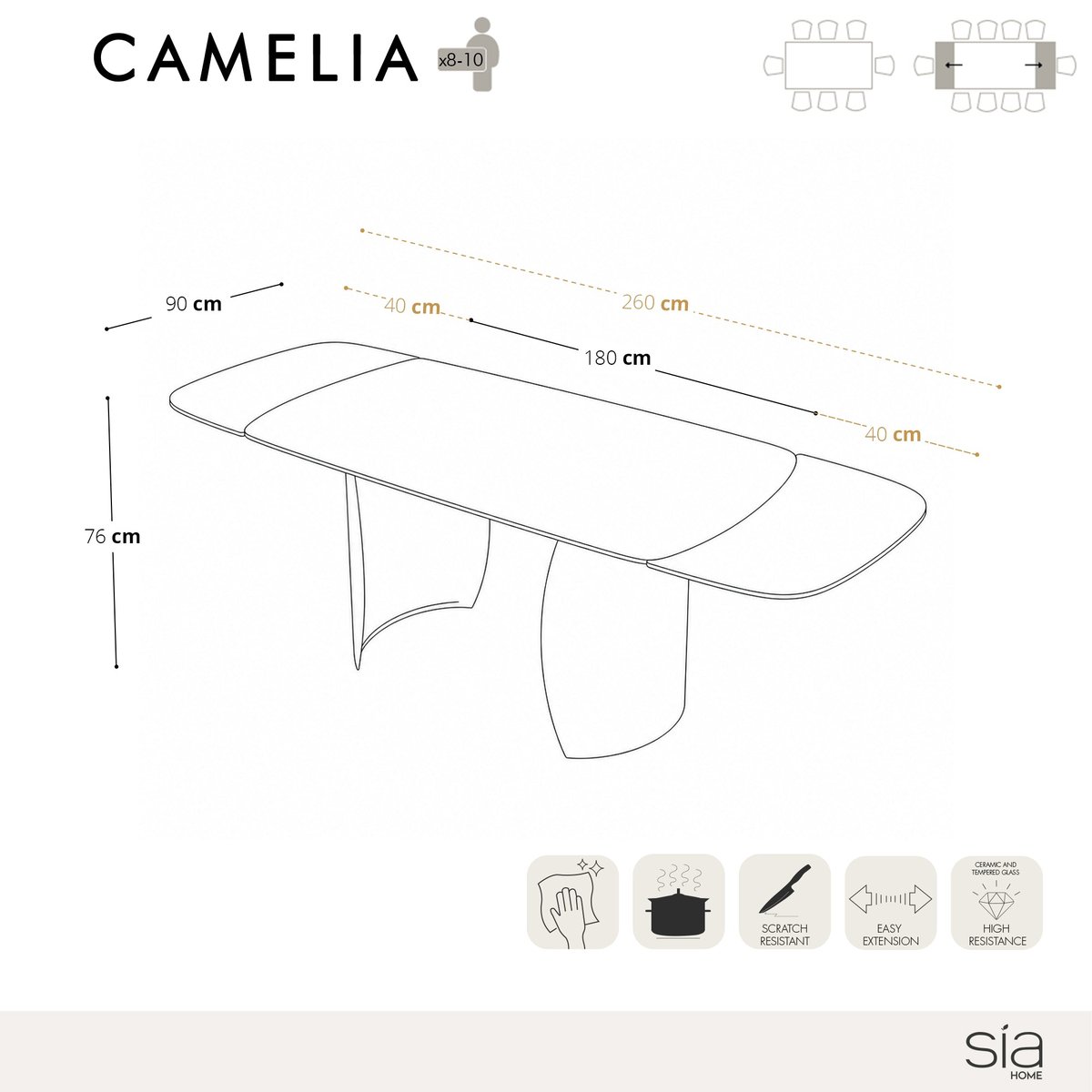 Table à manger extensible 8 personnes en céramique CAMELIA marbre blanc, SIA HOME