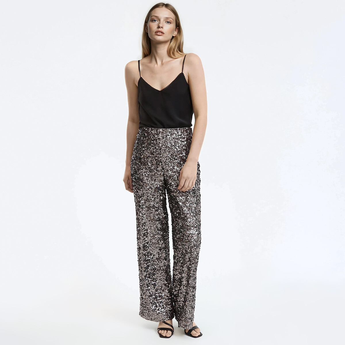 Sequinned Flared Trousers with High Waist silver grey, LA REDOUTE COLLECTIONS