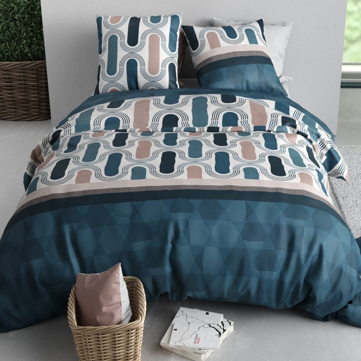 Housse de couette 100% coton 57 fils + 2 taies d’oreiller bleu, DECORATIE