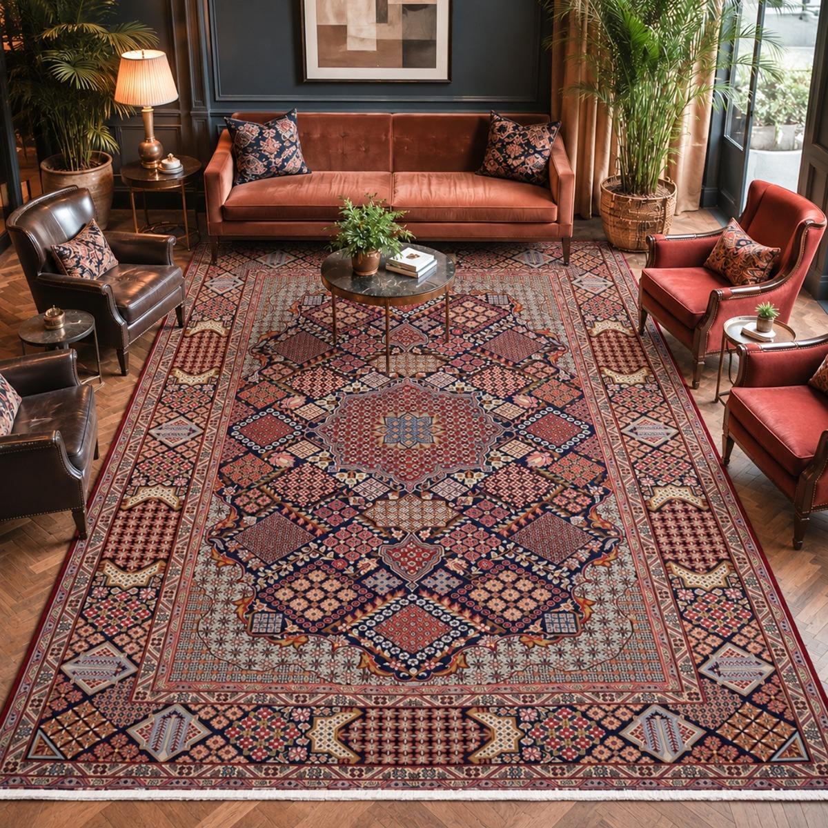 Tapis d'orient, motif oriental, noué à la main en laine, NADJAFABAD B bordeaux, beige, bleu, UN AMOUR DE TAPIS