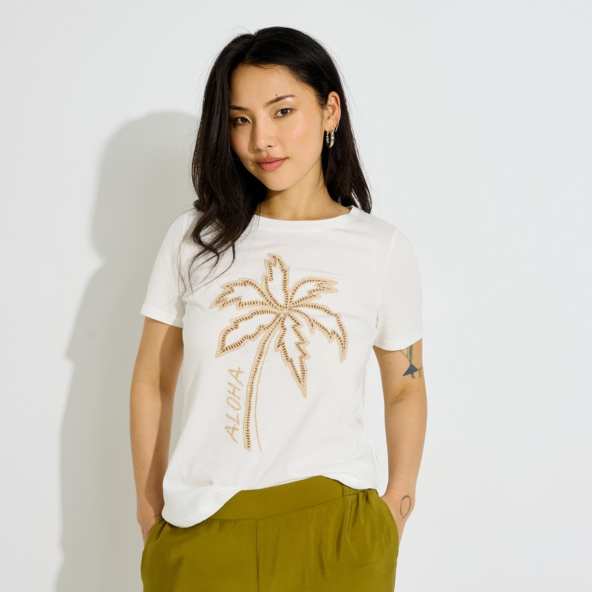 T-shirt col rond broderie palmier blanc cassé blanc, GRAIN DE MALICE