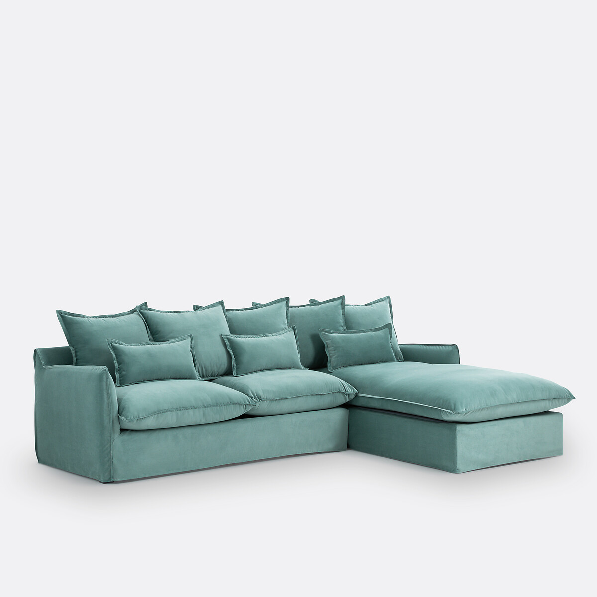 4-zits hoekbank rechts, omvormbaar, met afneembare hoes, in fluweel, ODNA celadon blauw, LA REDOUTE INTERIEURS