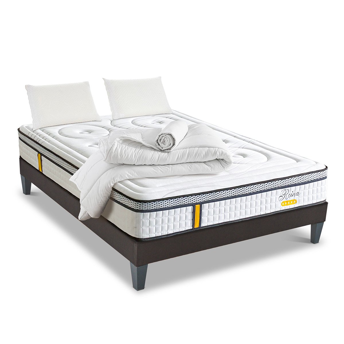 Pack Reina 2.0 140x200 cm Matelas Ressorts + Sommier Bois + Accessoires blanc, BELLECOUR