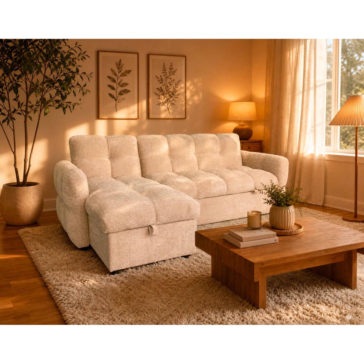 Canapé d'angle convertible velours texturé, OCTAVE beige, BEST MOBILIER