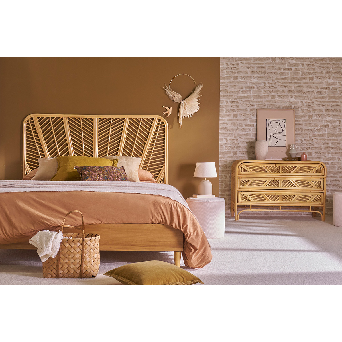 Commode vintage en rotin 3 tiroirs L120 cm GALON chêne clair, MILIBOO