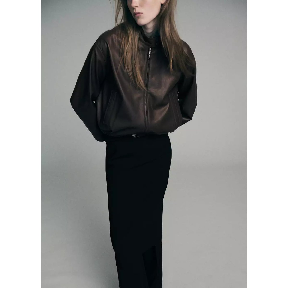 Veste cuir col officier marron, MANGO
