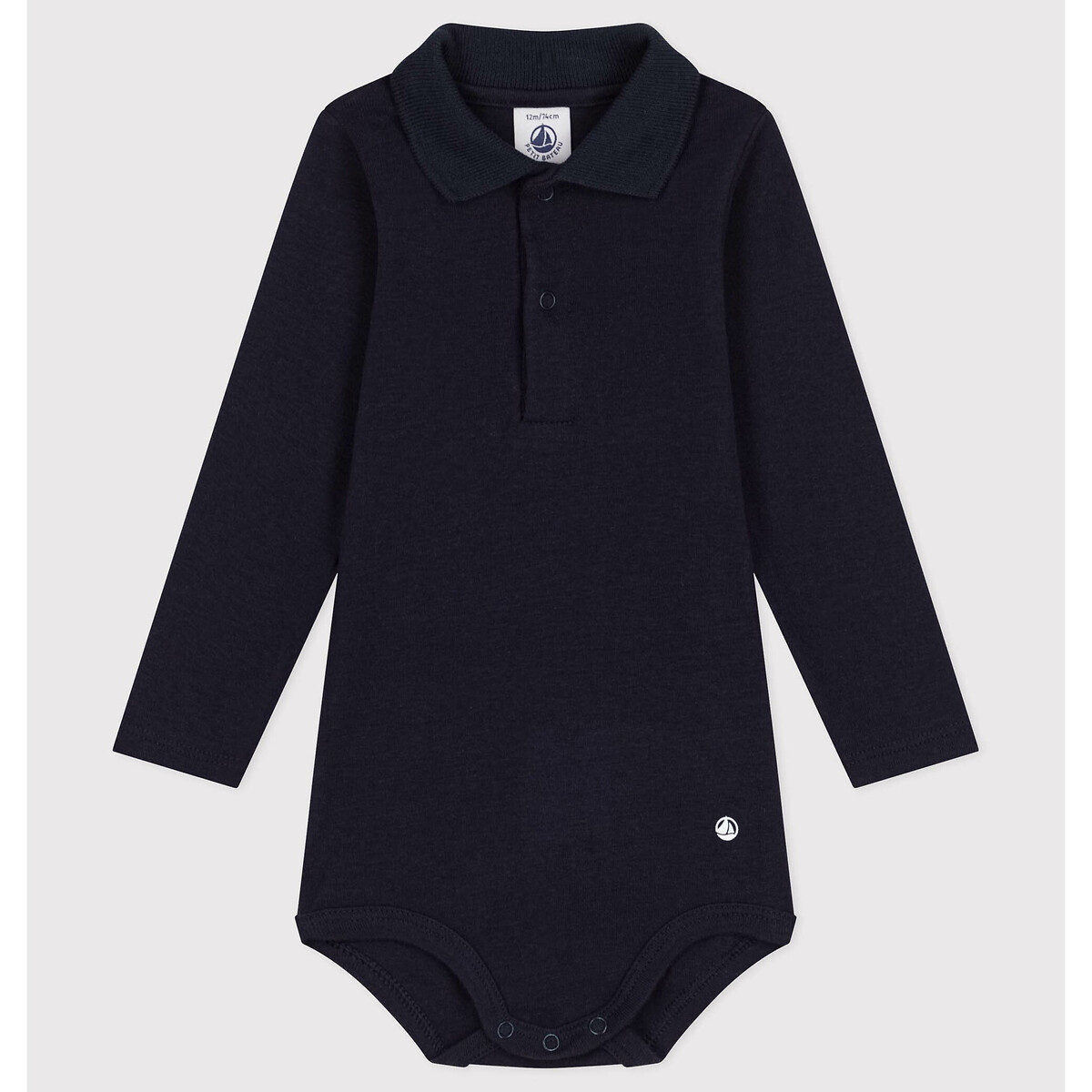 Body de mangas compridas, gola polo marinho, PETIT BATEAU