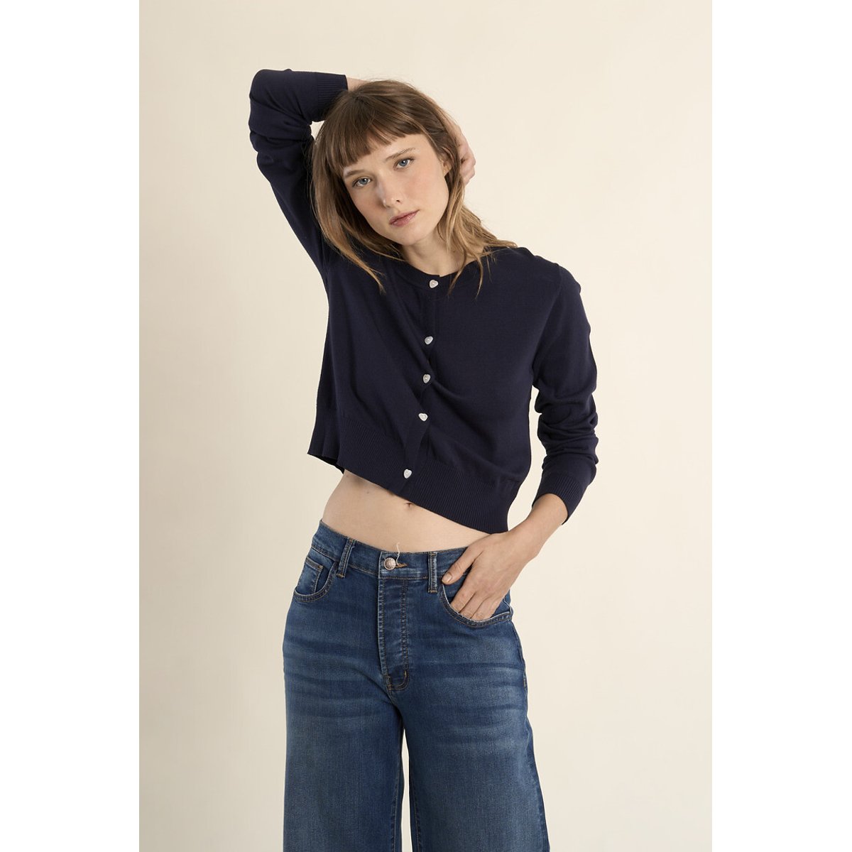 Gilet col rond boutonné bleu marine, MOLLY BRACKEN