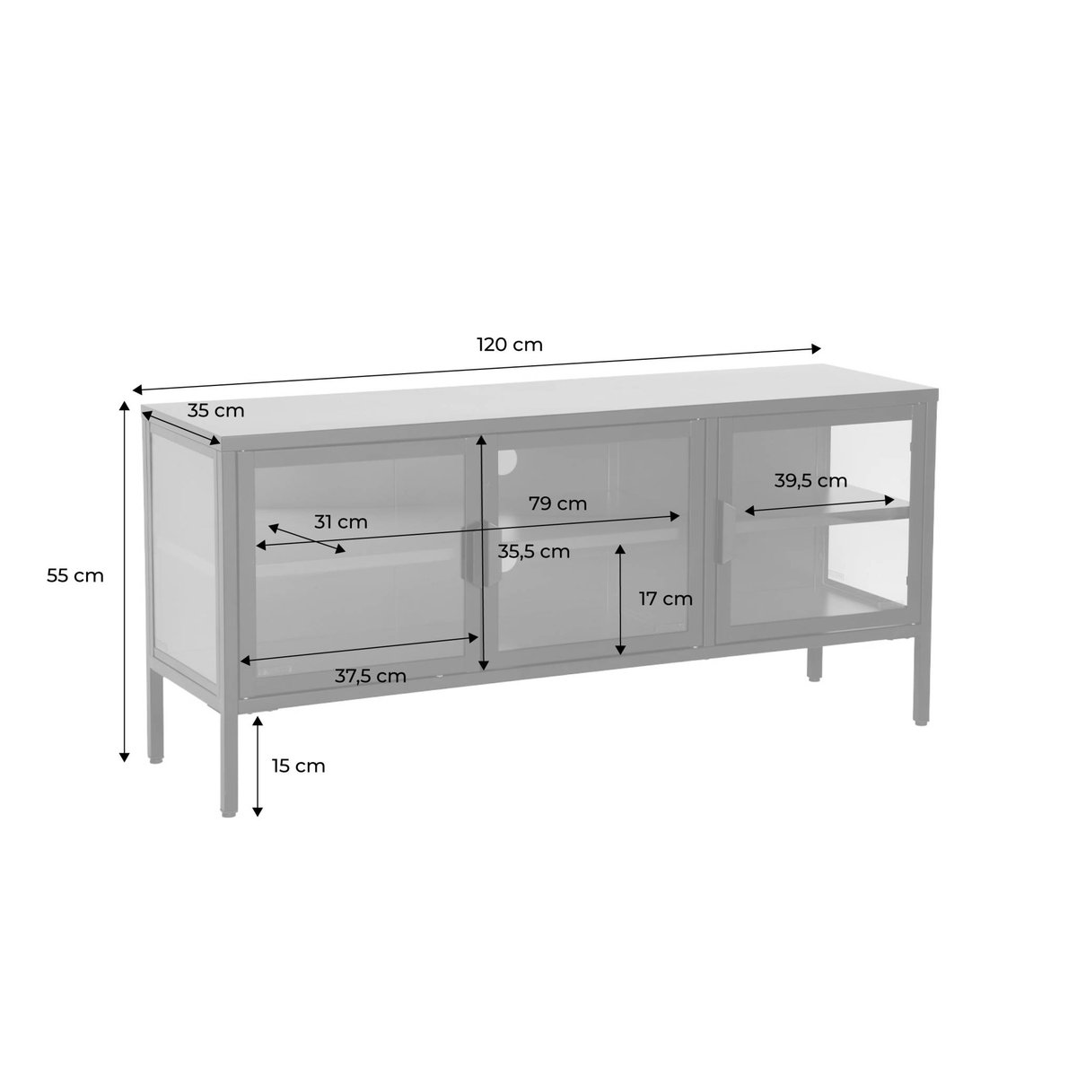 Meuble TV industriel métal et verre trempé 3 portes 120cm ARKANSAS bleu, SWEEEK