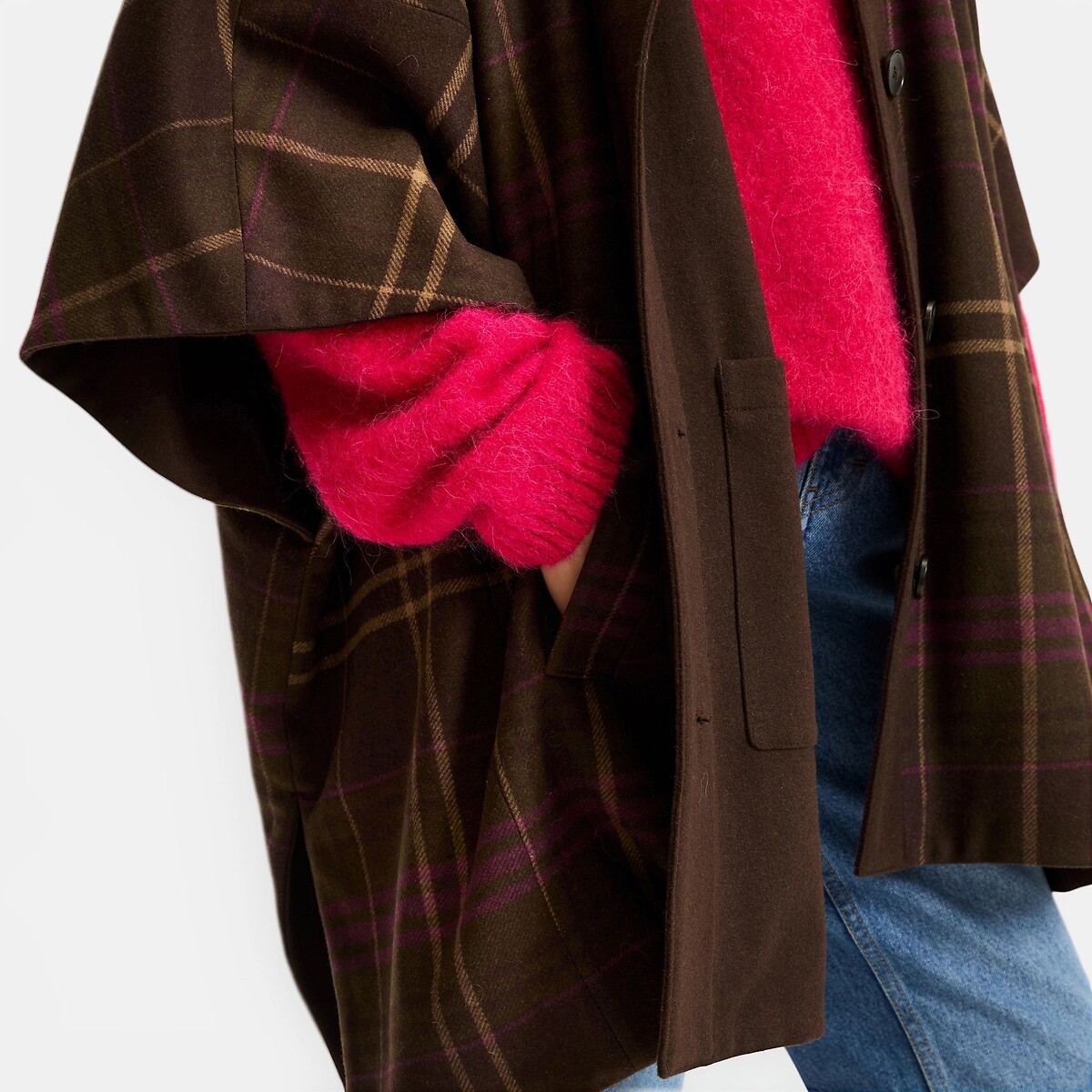Veste cape à carreaux et capuche, réversible carreaux bordeaux, LA REDOUTE COLLECTIONS