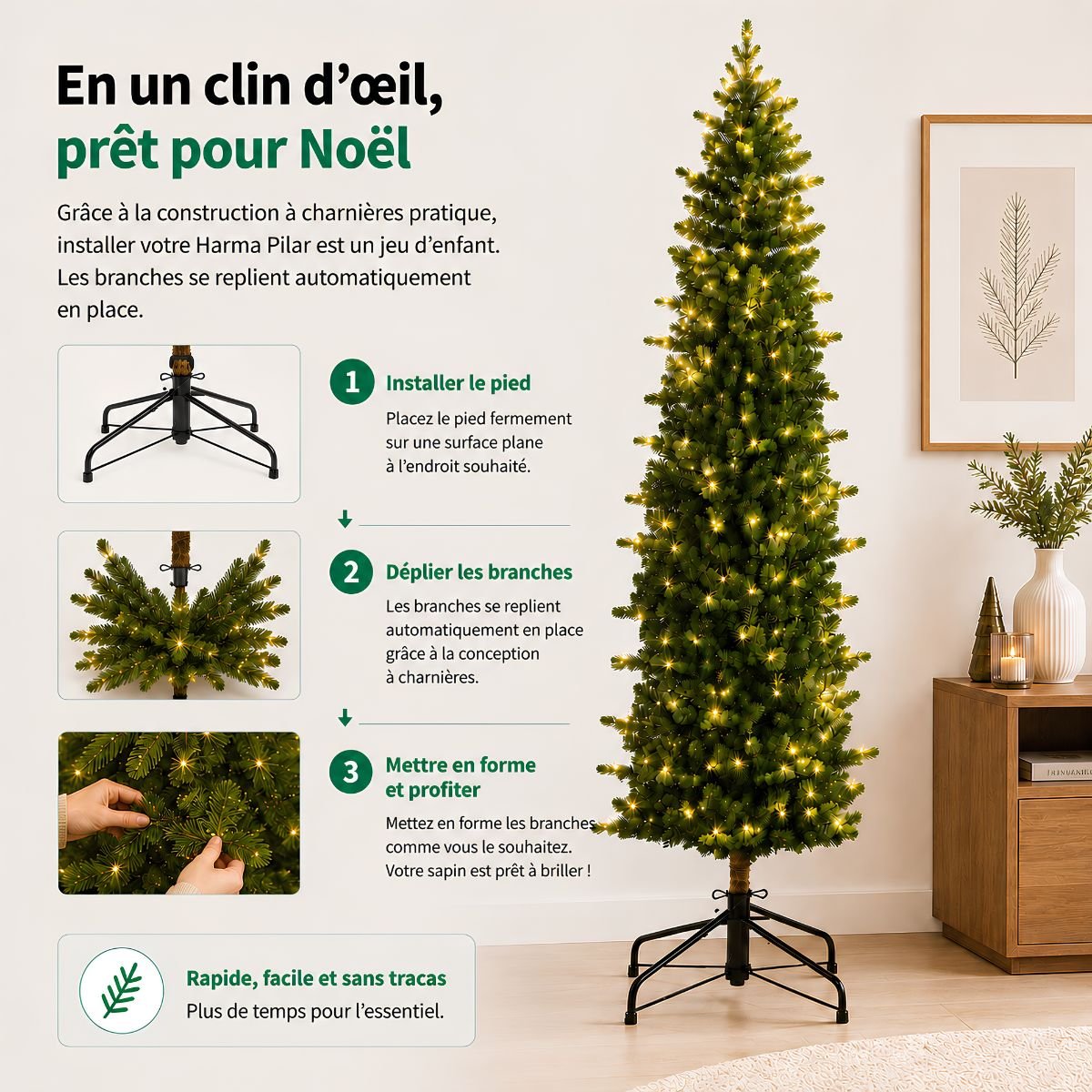 Sapin de Noël artificiel étroit et enneigé avec LED H185 cm HARMA vert, BLACK BOX TREES